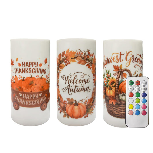 Aulaygo 3PCS Thanksgiving Flameless LED Candles Pumpkin Fall Decor Candle Lights with Timer Warm White Battery Operated Electric Led Maple Leaf Candle Lights for Fall Party Home Decor