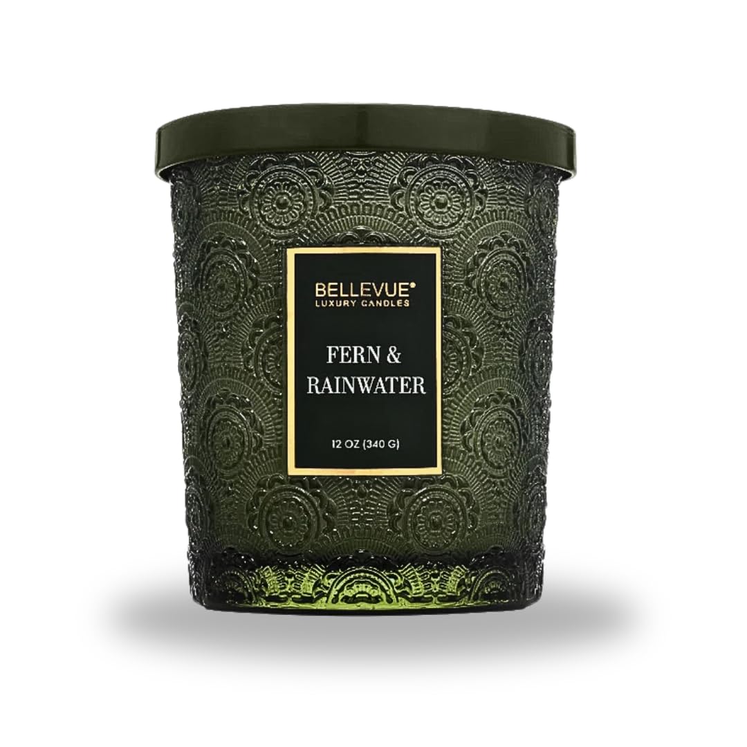 Fern & Rainwater Luxury Scented Candle – 12 oz | Soy Blend Wax | Dual Wick | Fresh Green & Mineral Home Fragrance | Embossed Glass Jar with Metal Lid