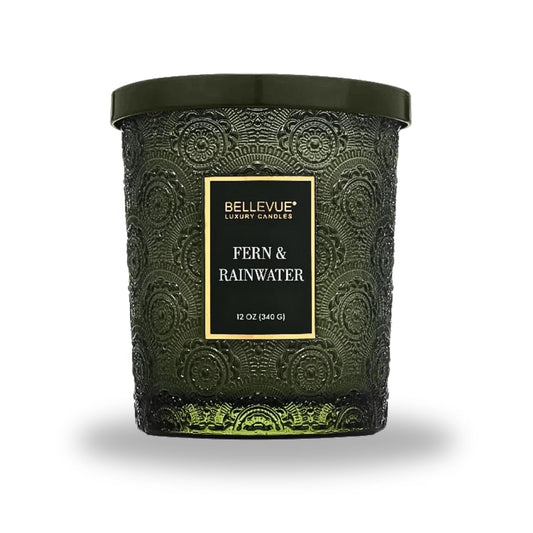 Fern & Rainwater Luxury Scented Candle – 12 oz | Soy Blend Wax | Dual Wick | Fresh Green & Mineral Home Fragrance | Embossed Glass Jar with Metal Lid