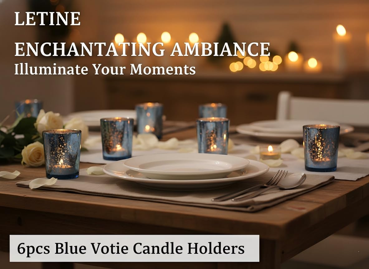 LETINE 6pcs Blue Votive Candle Holders – Standard Votive Size for Regular Votive Candles– Tea Light Candles Holder, Candle Holder for Summer Weddings, Waterfront Venues, Home Decor