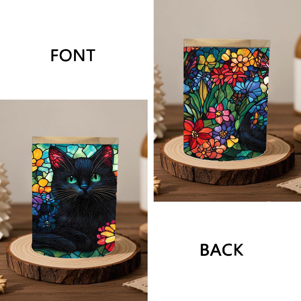 Stained Glass Black Cat Tea Light Holder Candle Jar with Battery Operated, Animal Stained Glass Memorial Candle Holder Sympathy Tealight Holder, Full Wrap Tealight Candle Jar for Home Decor