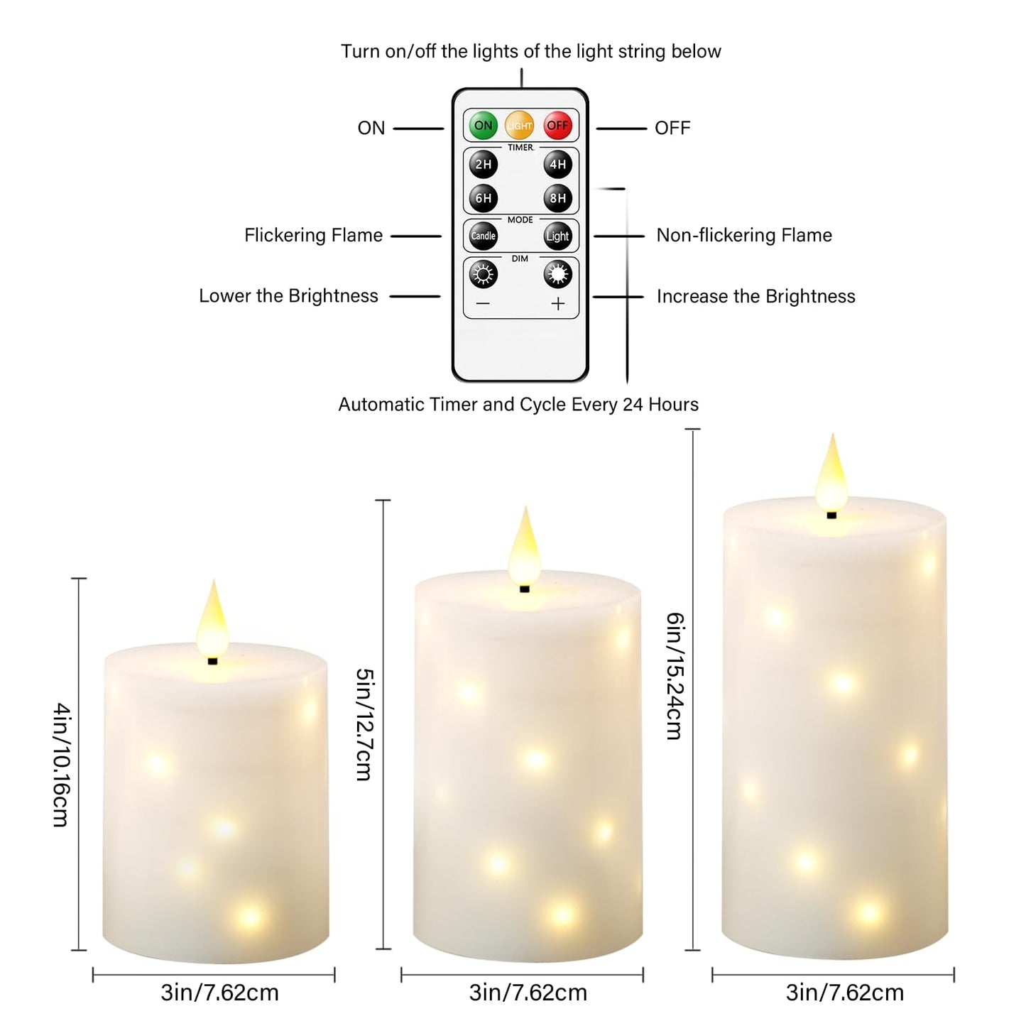 JINYANIA Flameless Candles with Embedded Star String, Real Wax Battery Operated Candles with Remote Timer, Flickering Pillar LED Candle Set for Home Decor Romantic Ambiance （White）