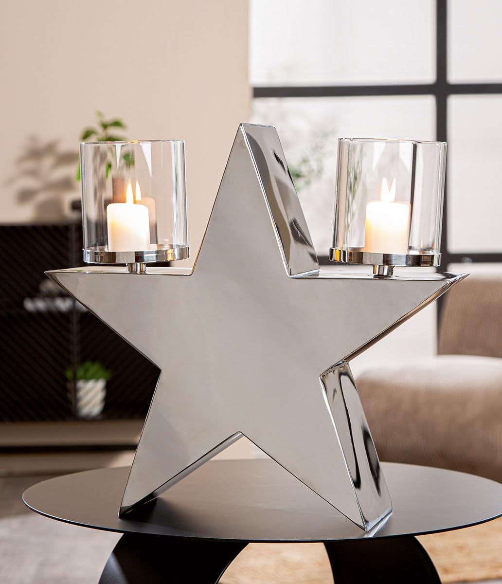 GILDE Lantern Light Star Made of Stainless Steel – Shiny – Silver – Height 37 cm x Width 39 cm – Tea Light Holder