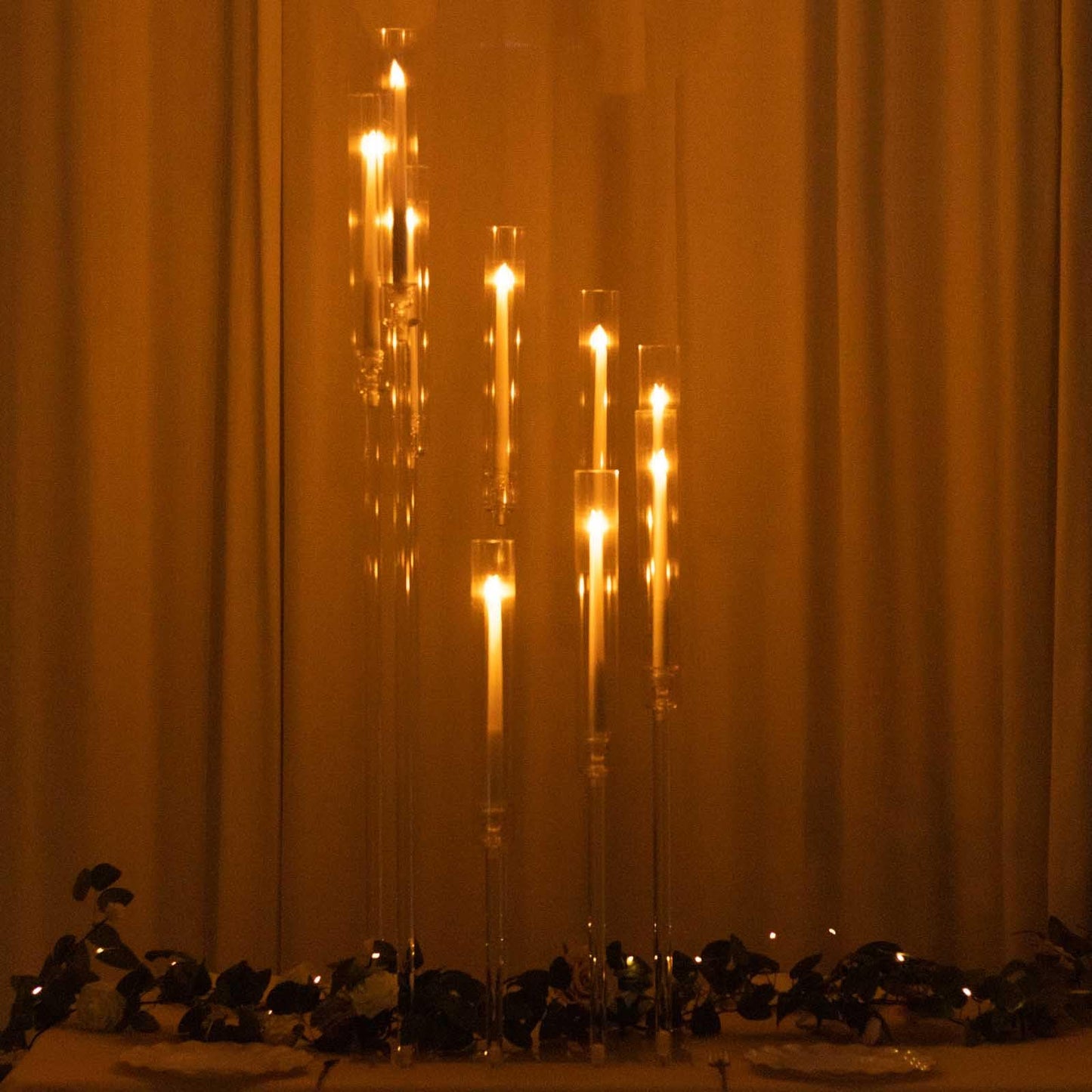 Efavormart 9 Arm Clear Acrylic Cluster Taper Candle Holder Candelabra, Pillar Candle Stick Stand with Square Base - 4ft Tall
