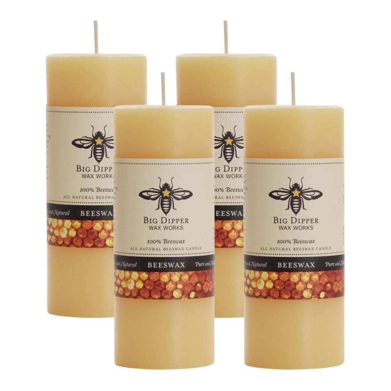 Big Dipper Wax Works 100% Pure Beeswax Pillar Candles (4 Pack) – 2" x 4.75" Handmade in USA, Long Burning Clean Soot-Free, Natural Honey Aroma, Eco-Friendly Cotton Wick, Home Décor & Meditation