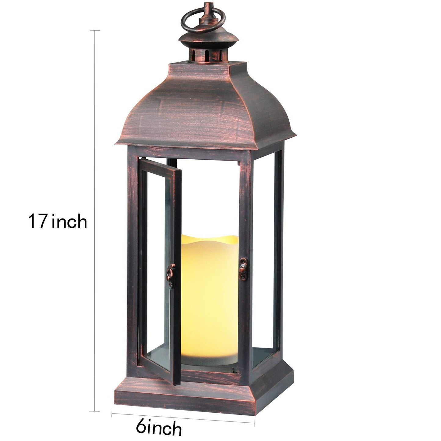 WRalwaysLX 15 inch H The Door-Open Decorative Lantern with flameless LED Candle Light, Outdoor/Indoor LED Lantern, wtith Timer Candle，Plastic with Bronze Undertones.USE 2C Battery(not Include)