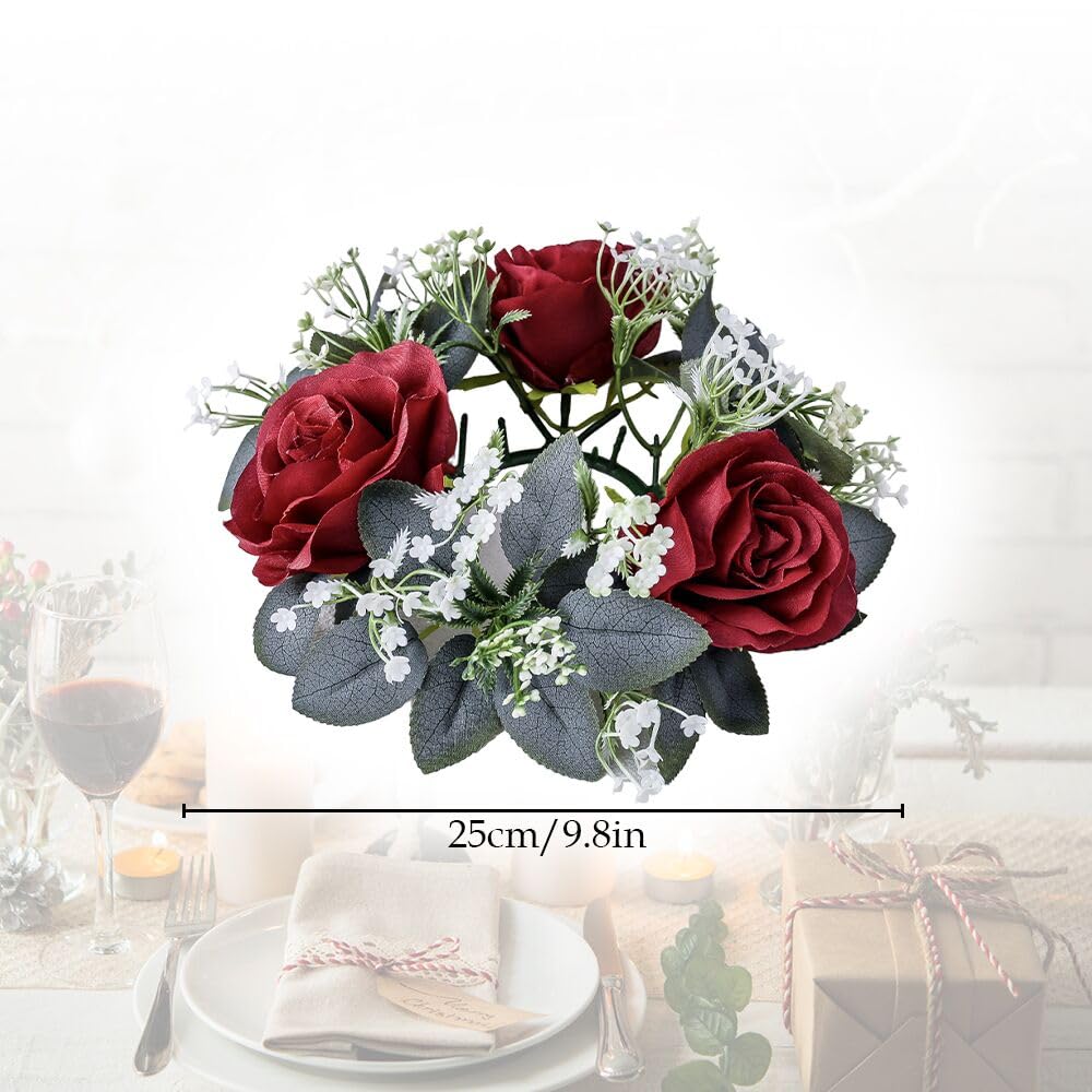 2 Pack Christmas Candle Rings Wreaths,Artificial Rose Floral Wreaths with Eucalyptus Leaves Greenery Small Wreath for Pillar Cabinet Wedding Centerpiece Party Home Table Decor (Red)