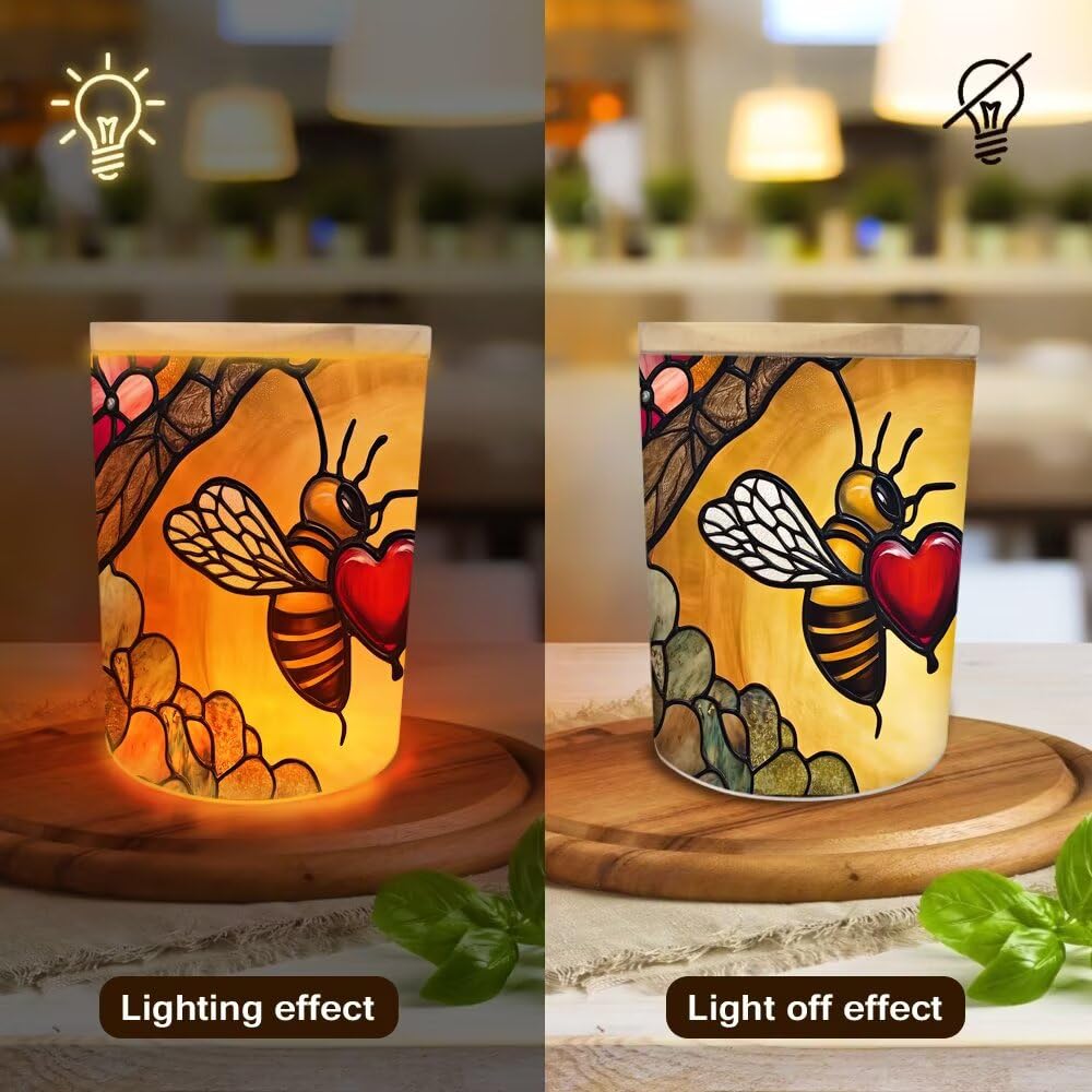 Stained Glass Farmhouse Bees Tea Light Candle Holders, Hearts Tealight Candle Holder Jar with Wooden Lid, Floral Votive Candlesticks for Table Centerpieces, Christmas,Birthday Party