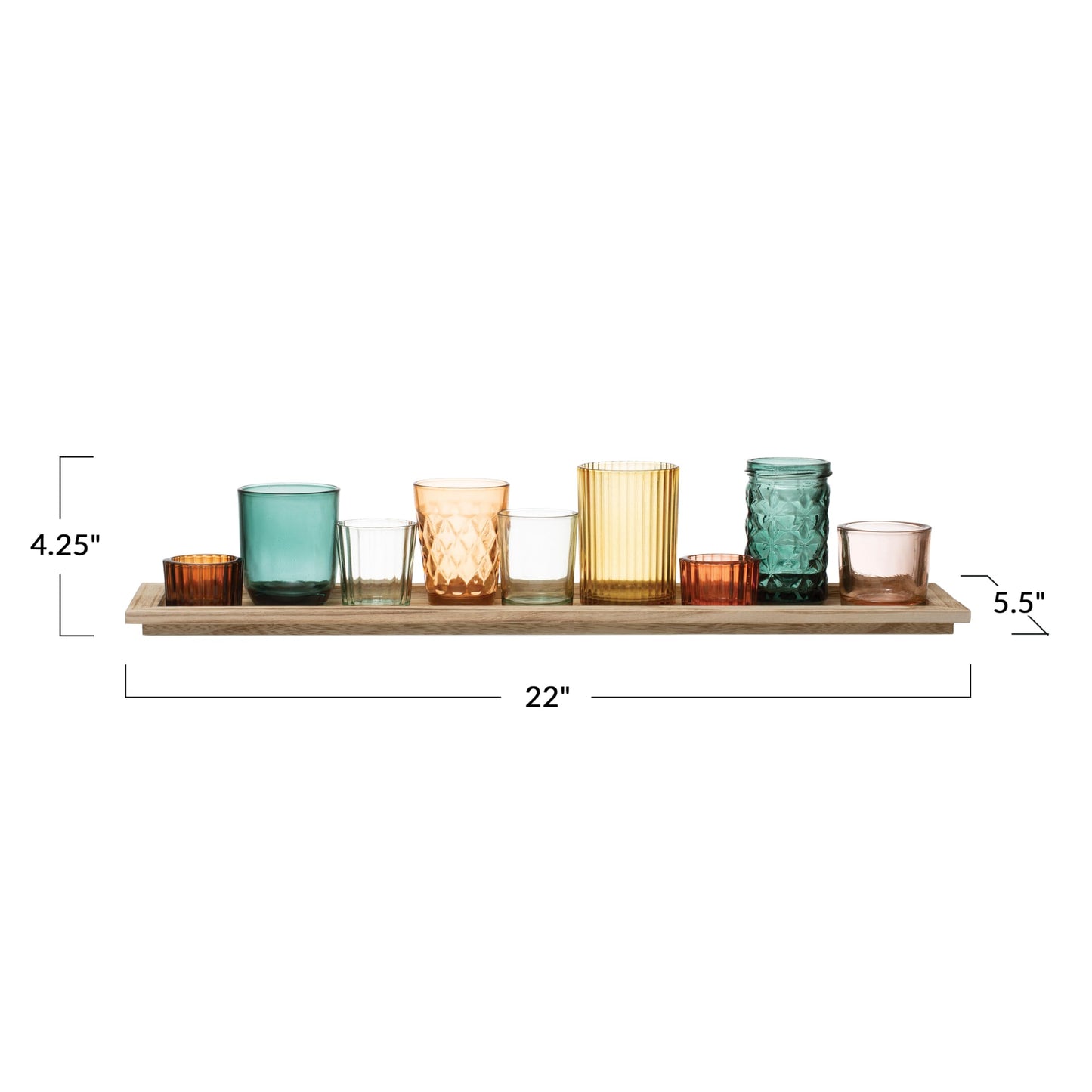 Creative Co-Op Round Glass Votive Holders on Wood Tray, Yellows & Greens, Set of 9