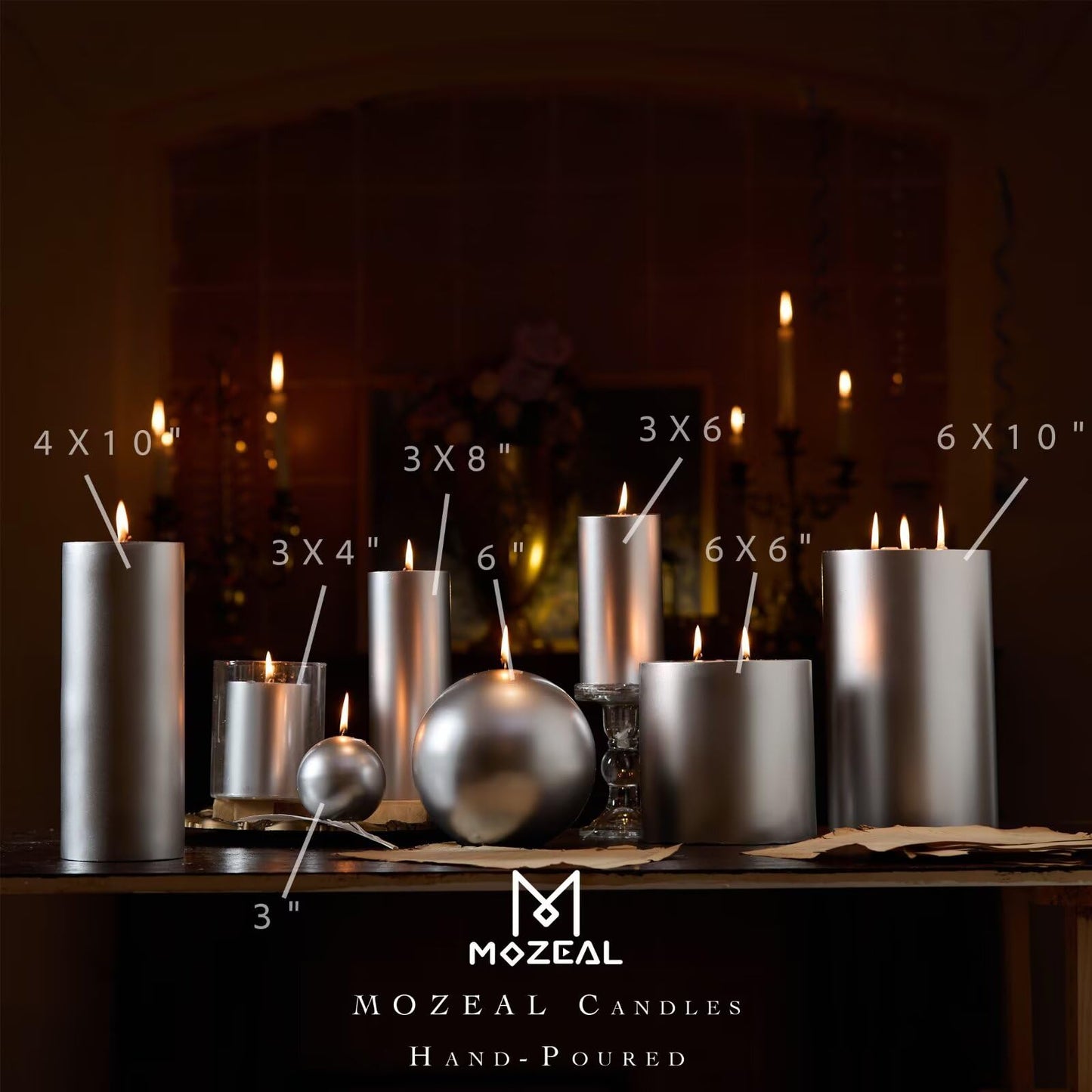 MOZEAL 3" x 8" Hand-Poured Unscented Large Candle,Smokeless Rustic Pillar Candle Set of 2,Slow Burn,No Drip,Approx 150 Hours Burning,Wedding,Dinner,Christmas and Home Decorative,Tall Silver Candle