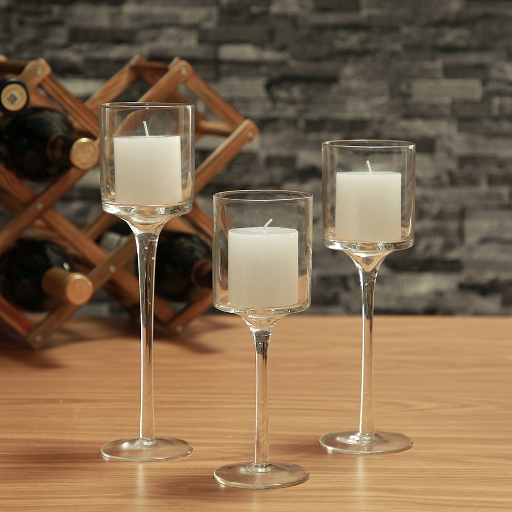 BTGLLAS Set of 3 Candlestick & Tealight Candle Holders Tall High Elegant Clear Glass Tealight Holder Suitable for Candles Under 6cm (2.36") in Diameter Fit Home Party Wedding Table Centerpiece Decor…