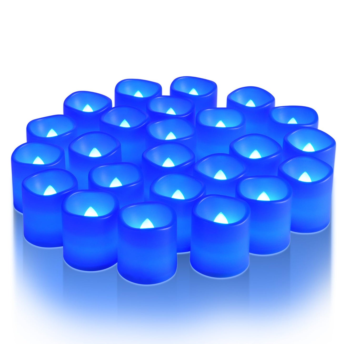 Homemory 24Pack Blue Flickering Flameless Votive Candles, 200+Hour Electric Fake Candles, Battery Operated LED Tealight for Wedding, Outdoor, Table, Festival (Warm White,Battery Included)