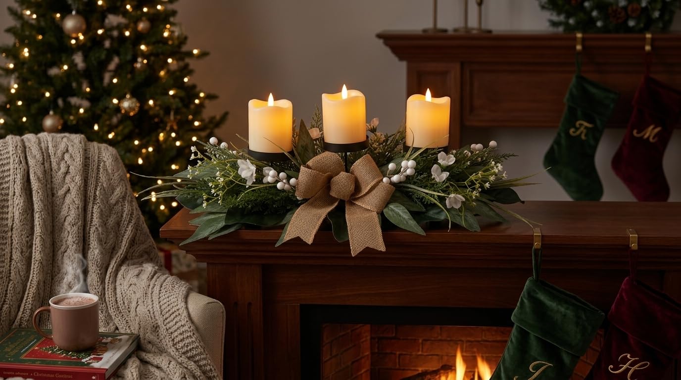Svndlyn Candle Holders Centerpiece for Dining Table, 3 Wick Holder with Artificial Gypsophila,Magnolia,Holly Berries - Elegant Floral Arrangement for Seasonal Home Decor Table Centerpiece