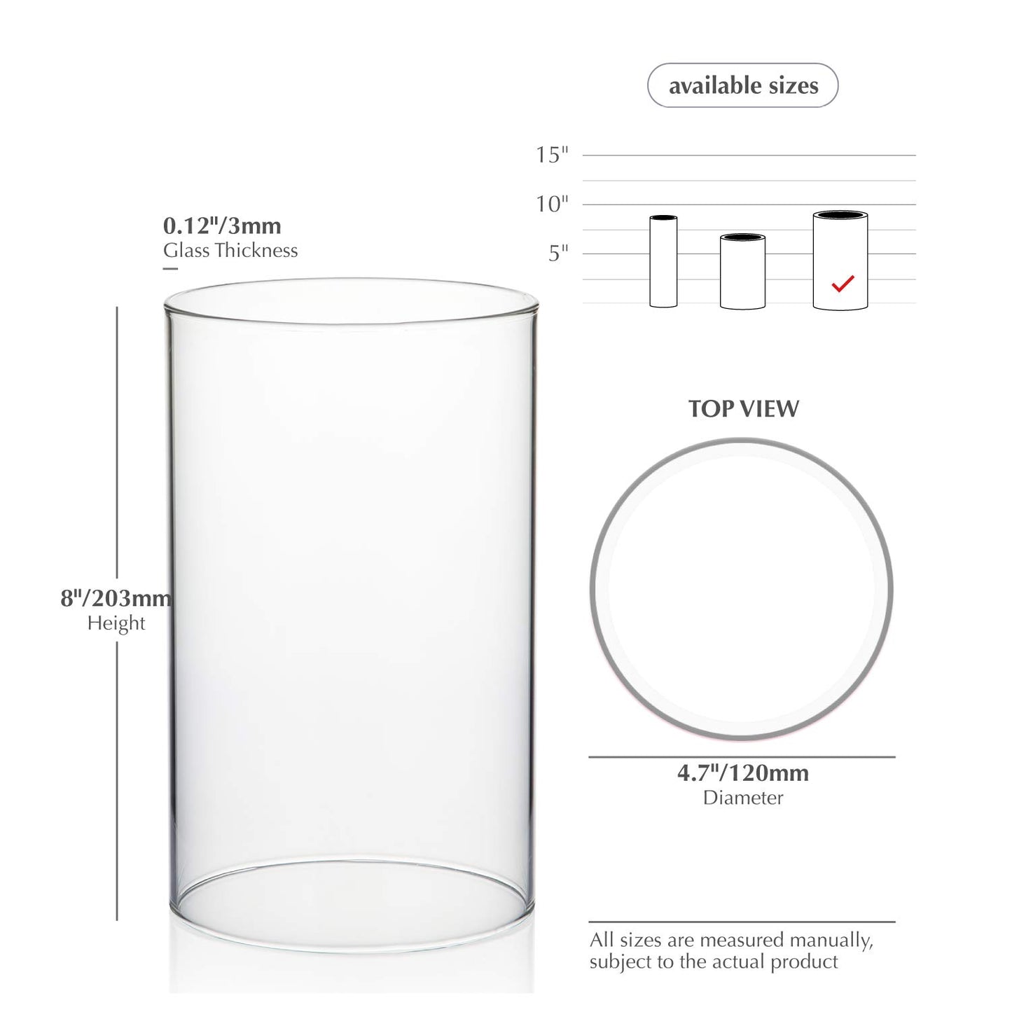 WGVI Clear Hurricane Candleholder,Glass Chimney for Candle Open Ended, Chimney Tube of Sizes in Various for Choice, 4.7" Wide x 8" Tall