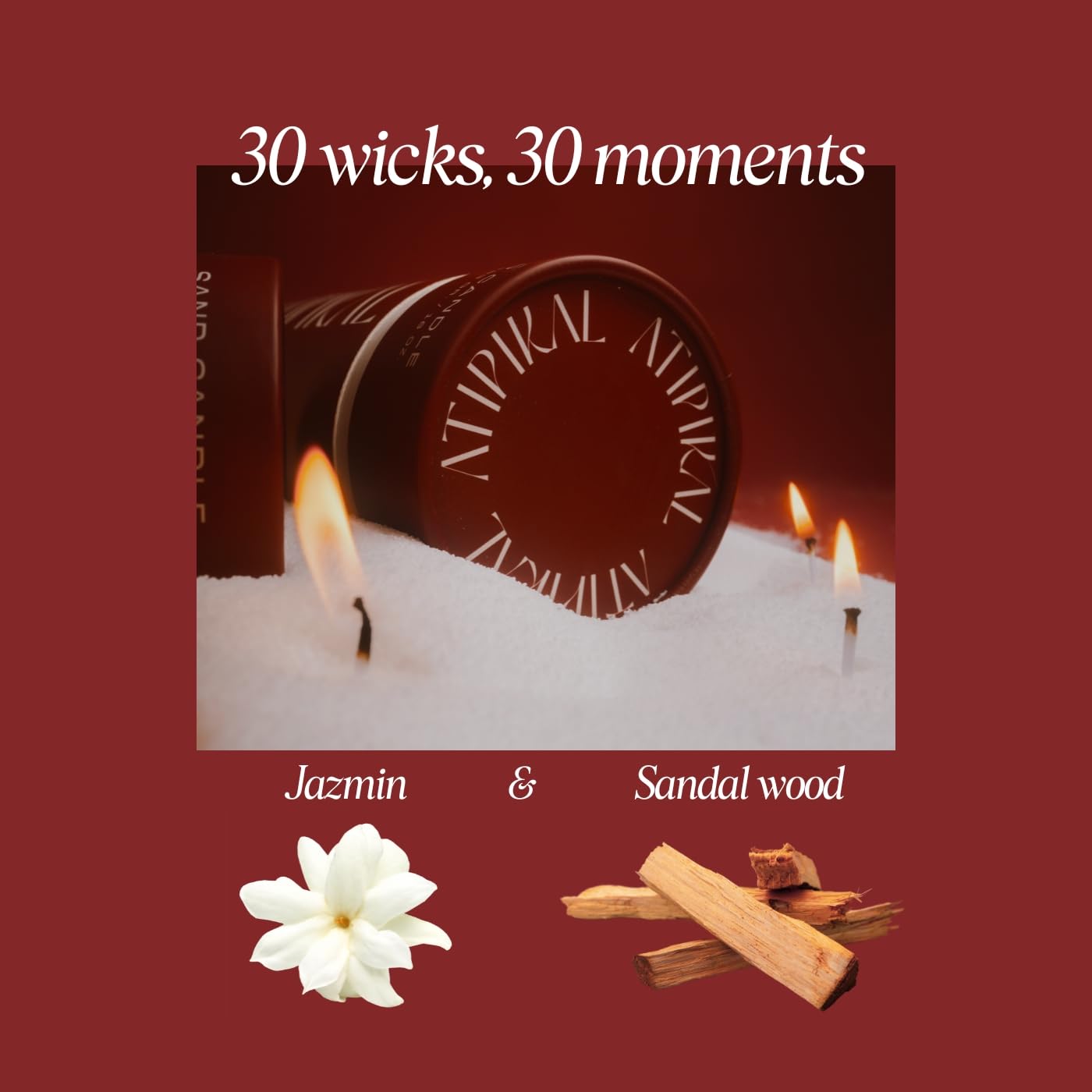Atipikal Sand Candle 18oz - Saldalwood Jasmine Scented Pearled Candle with 30 Wicks up to 120 Hours Burning time, Luxury Long Lasting Pearled Candle Making kit with Wick