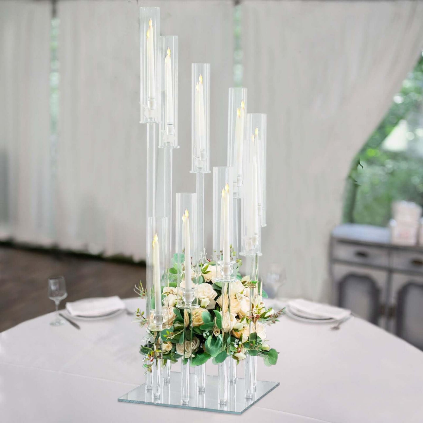 Efavormart 48" Crystal 9-Arm Cluster Glass Candelabra Floral Pedestal Stand, Square Hurricane Taper Candle Holder Stand