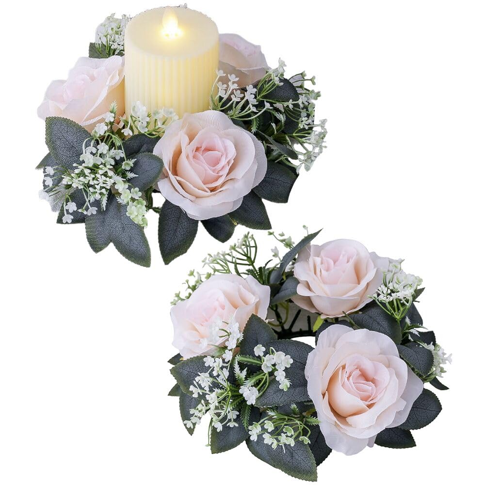 2 Pack Artificial Rose Candle Rings, Christmas Floral Wreaths with Eucalyptus Leaves Greenery Garland for Pillar Candle Lantern Wedding Centerpiece Party Home Fall Table Decor (Pink)