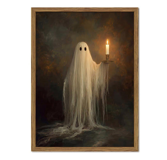 Framed Vintage Halloween Wall Art, Gothic Spooky Ghost Holding Candle Canvas Prints, Dark Academia Haunted Mansion Halloween Wall Decor, Retro Room Ghost Pictures 8x10 inch Wood Frame