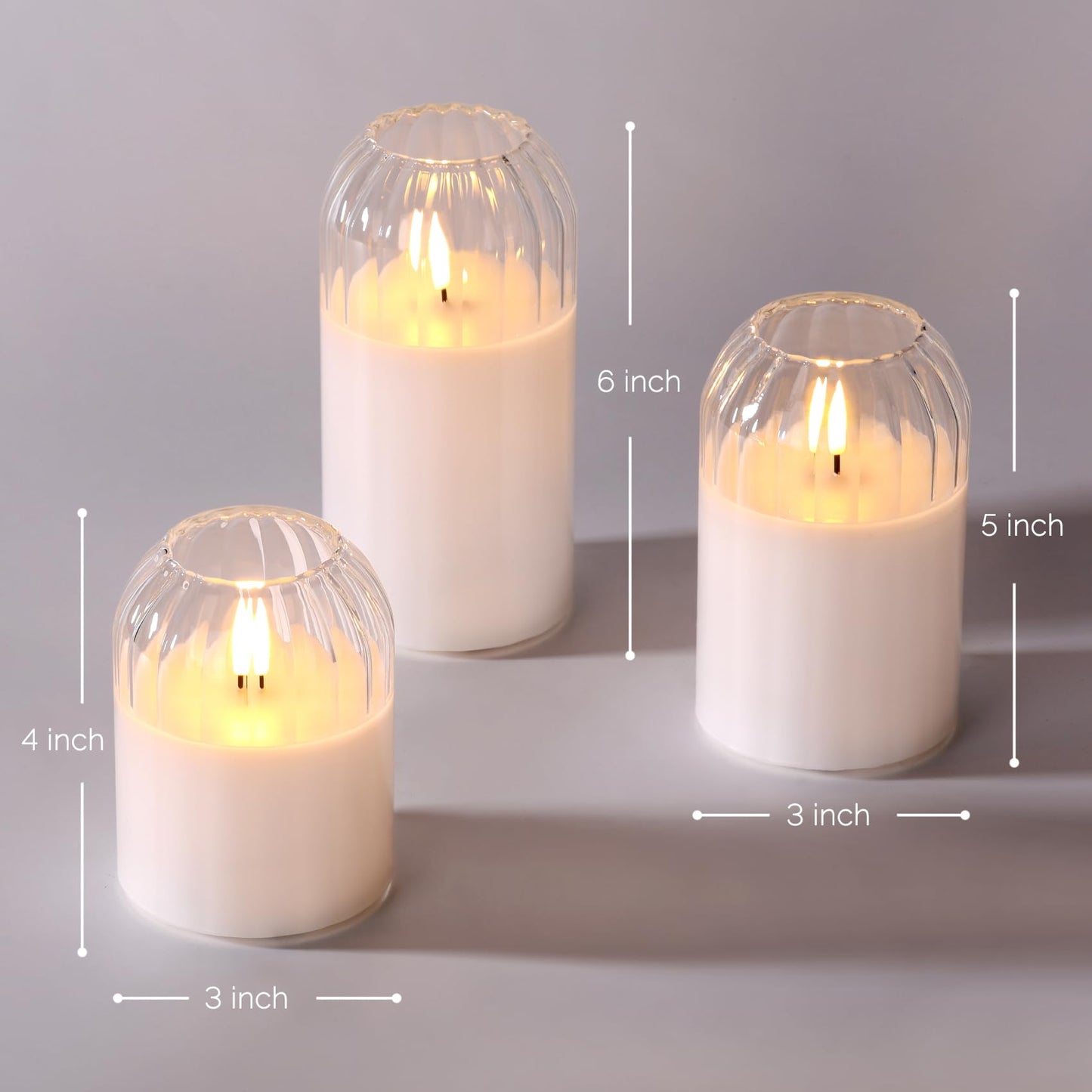 Girimax Clear Glass Flameless Candles with Remote, Flickering LED Pillar Candles Battery Powered Ribbed Dome Top Set of 3