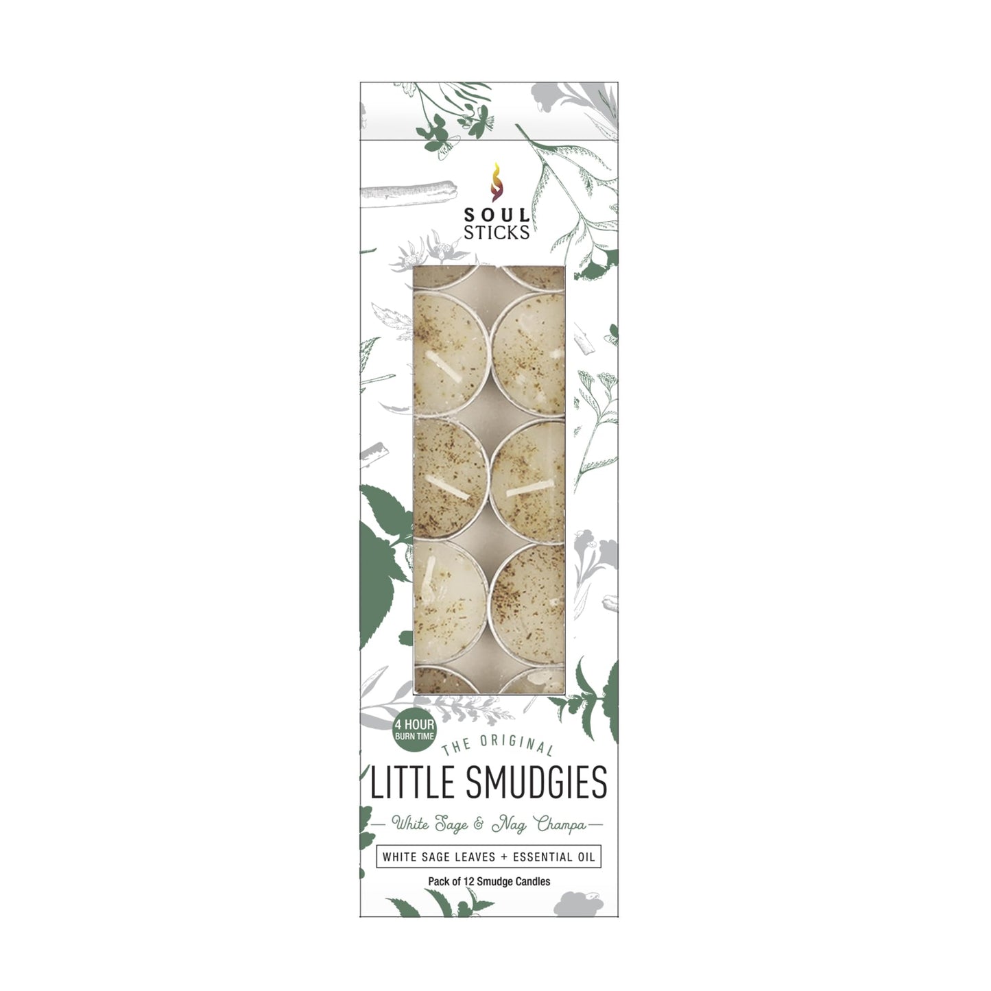 SOUL STICKS 12 Pack Little Smudgies Tealight Candles Smudge Candle for Cleansing House, Meditation, Chakra Healing | Made with Crystals and Herbs (White Sage & Nag Champa)