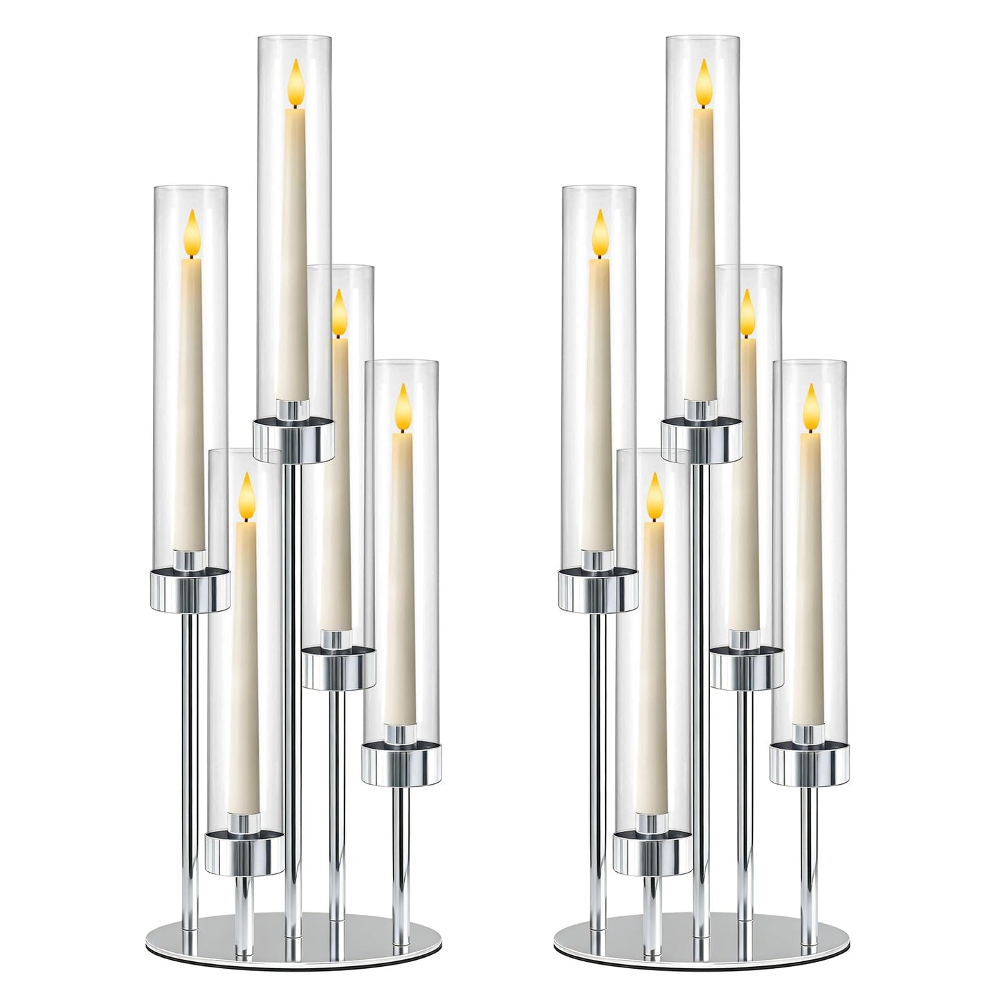 KEHAIL 2 Pcs 5-Arm Silver Metal Table Candelabra Centerpiece, 22" Tall Clear Candlesticks Holder with Shade for Valentines Day Events Party Table Centerpiece,Fit LED Candles