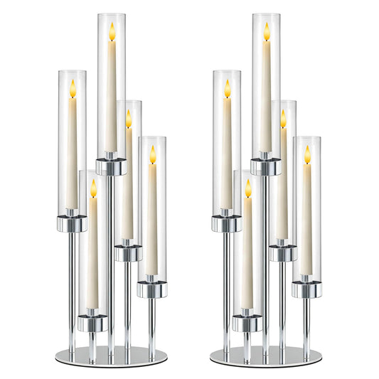 KEHAIL 2 Pcs 5-Arm Silver Metal Table Candelabra Centerpiece, 22" Tall Clear Candlesticks Holder with Shade for Valentines Day Events Party Table Centerpiece,Fit LED Candles