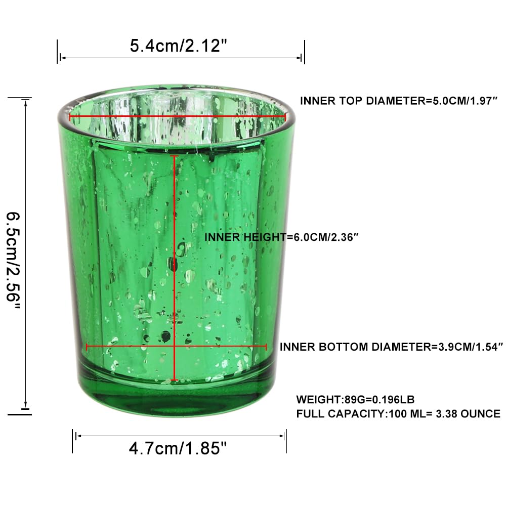 BTGLLAS Green Mercury Glass Tea Light Holders Set of 36 - Elegant Votive Candle Holders for Weddings, Showers and Home Decor - Perfect for Table Centerpieces and Parties (Glass, Green)