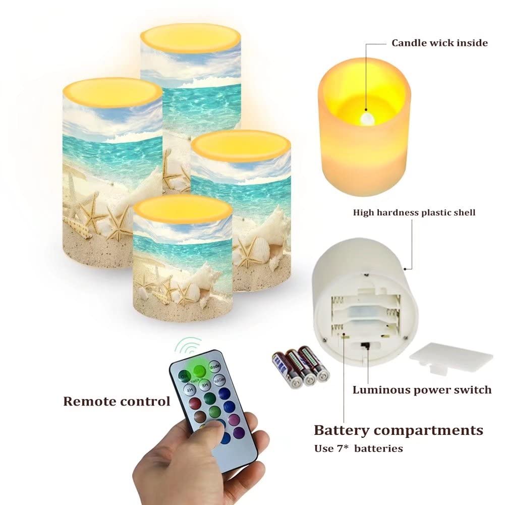 NETILGEN Beach Starfish Seashell Flameless Light Candles Battery Powered with Timer Remote Color Chaging Pillar Candle with Warm Yellow Color Changing Light Pack of 4