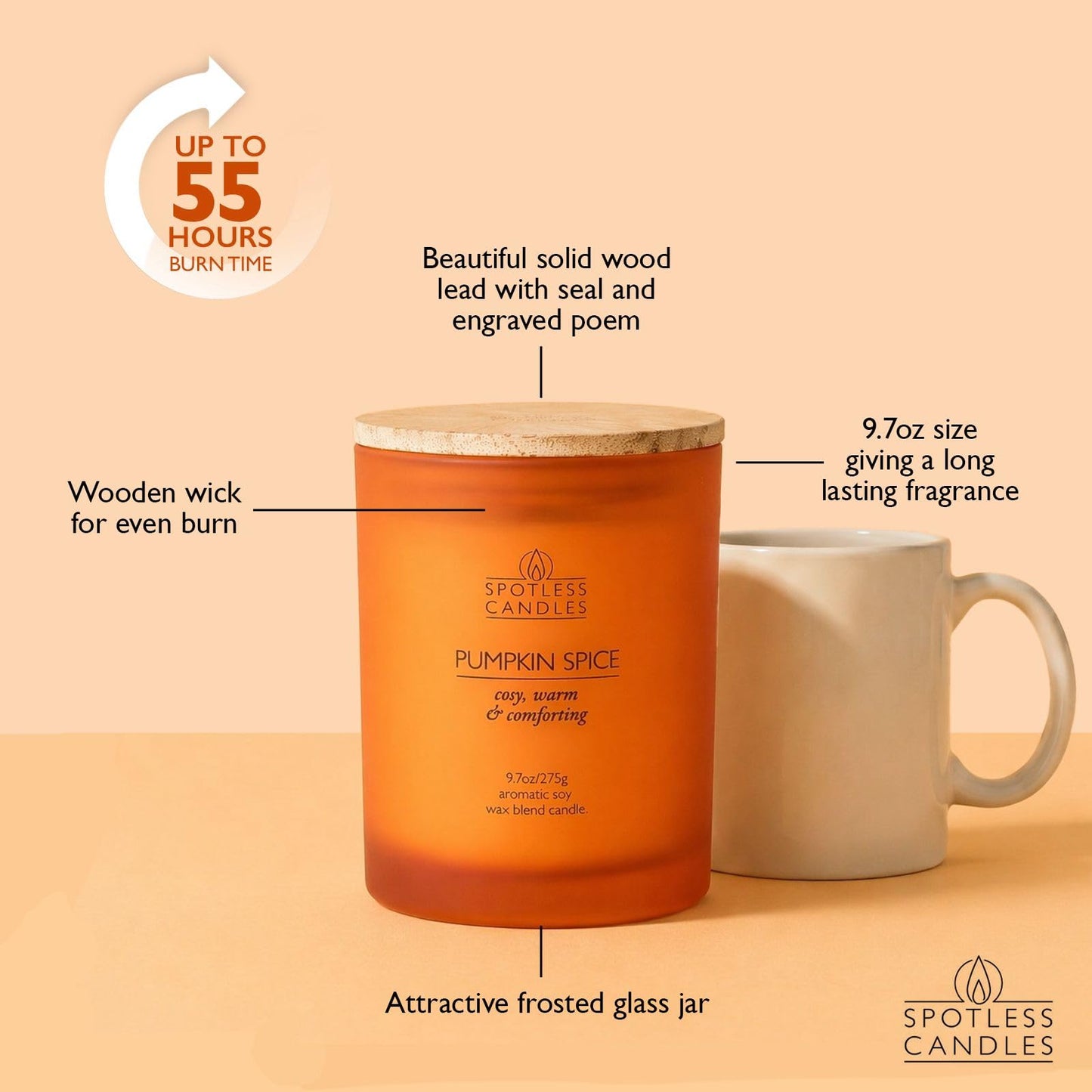 Pumpkin Spice Candle; 9.7 oz:, 55 Hrs Burn Time, Soy Wax Orange Frosted Jar with Crackling Wooden Wick & Luxury Gift Box: Pumpkin Spice Scented Candle by Spotless Candles