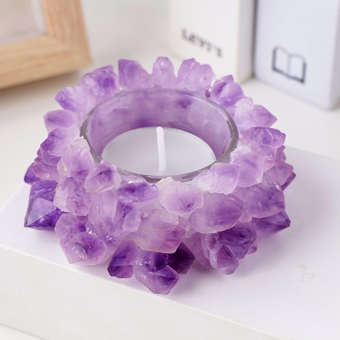 Natural Amethyst Cluster, Raw Crystal Tealight Candle Holder Crystal Stone Candle Stand High Energy Geode Votive with Healing Effects
