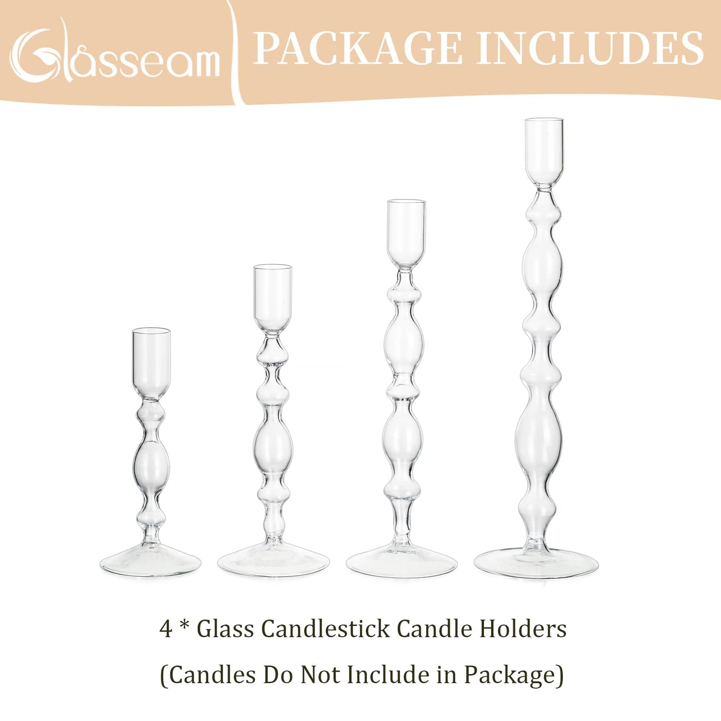 Glasseam Glass Candle Holders for Candlesticks: Clear Taper Candle Holders Set of 4 Modern Candle Stick Holder Tall Candle Holders for Table Centerpiece Wedding Party Dining Room Home Decor