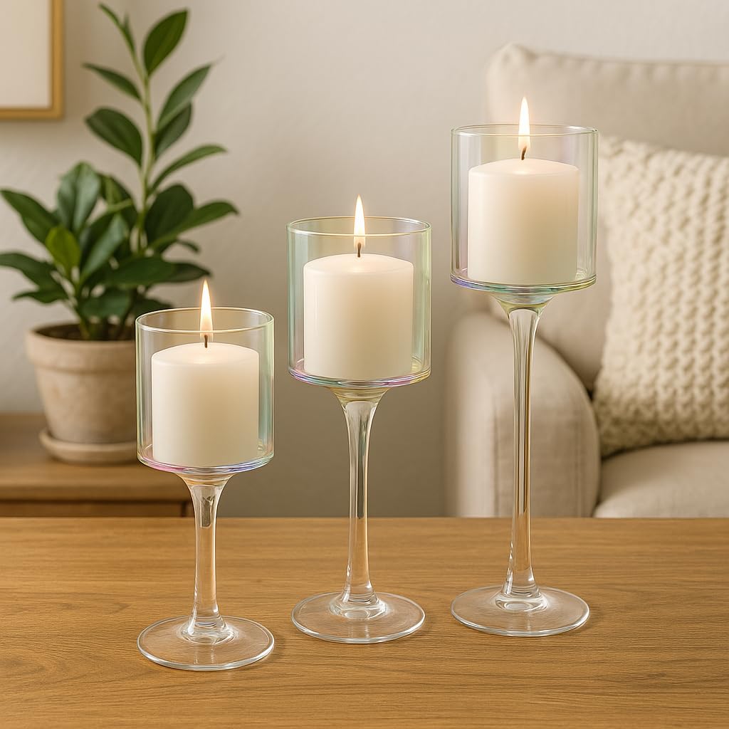 Koyal Wholesale Iridescent Glass Candle Holder Set of 3 Floating Candle Vases, Iridescent Wedding Decor Long Stem Floating Candle Holders, Wedding Sweetheart Table Votive Home Decor