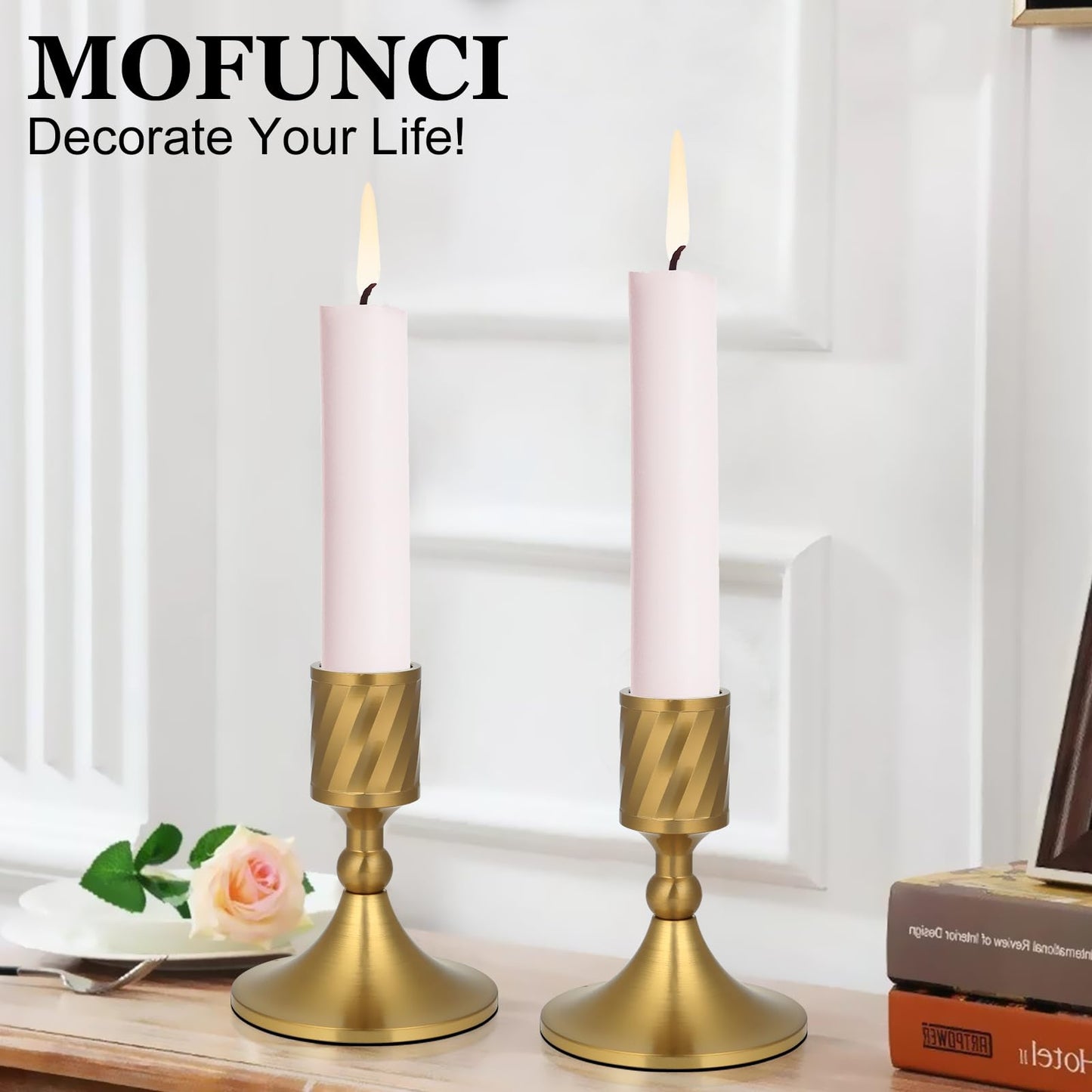 Mofunci Candlestick Holders Taper Candle Holders, Gold Candle Stick Holders Decor for Wedding Christmas Birthday Party Holiday, Short Candle Holders for Table Centerpieces Home Decor, Set of 2