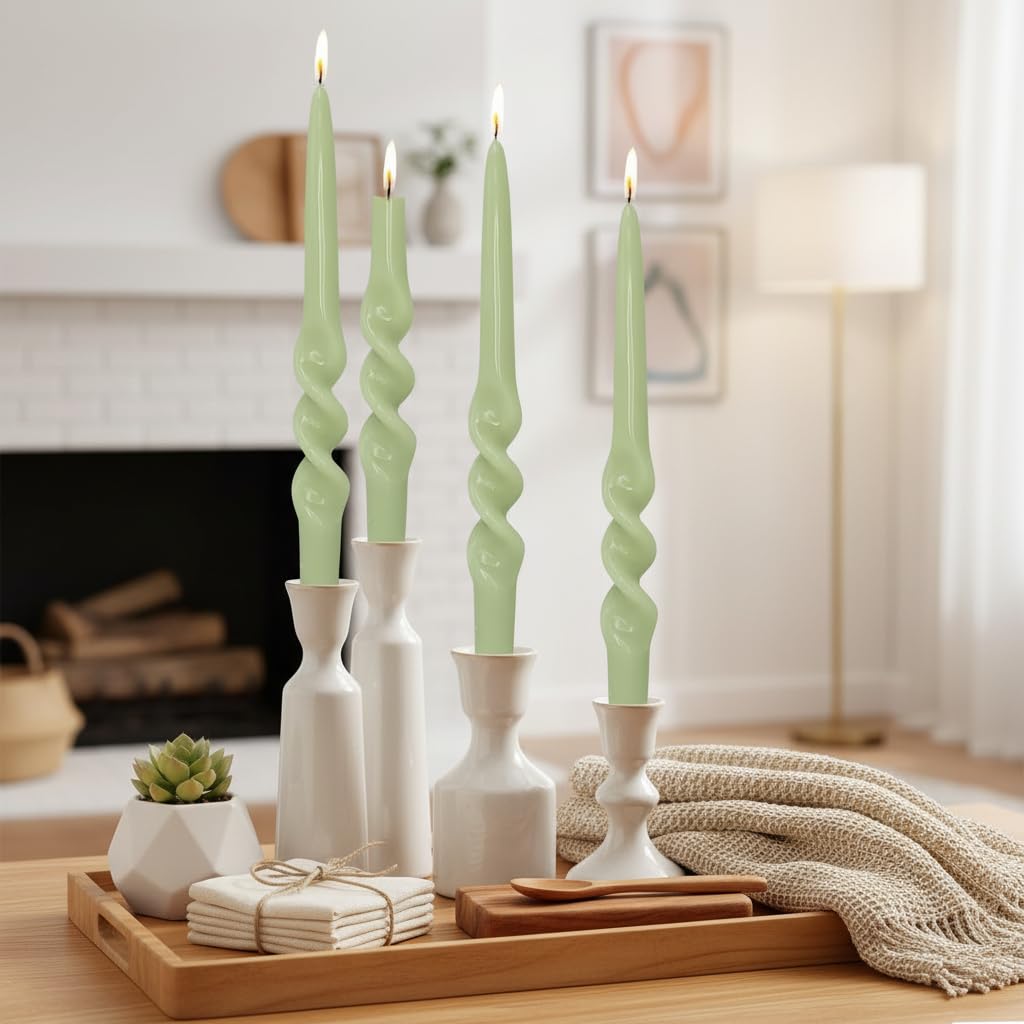 Green Spiral Taper Candles Long Twisted Candlestick Unscented Candle Stick Unique Tapered Candle for Dinner Home Decor Wedding Party Church