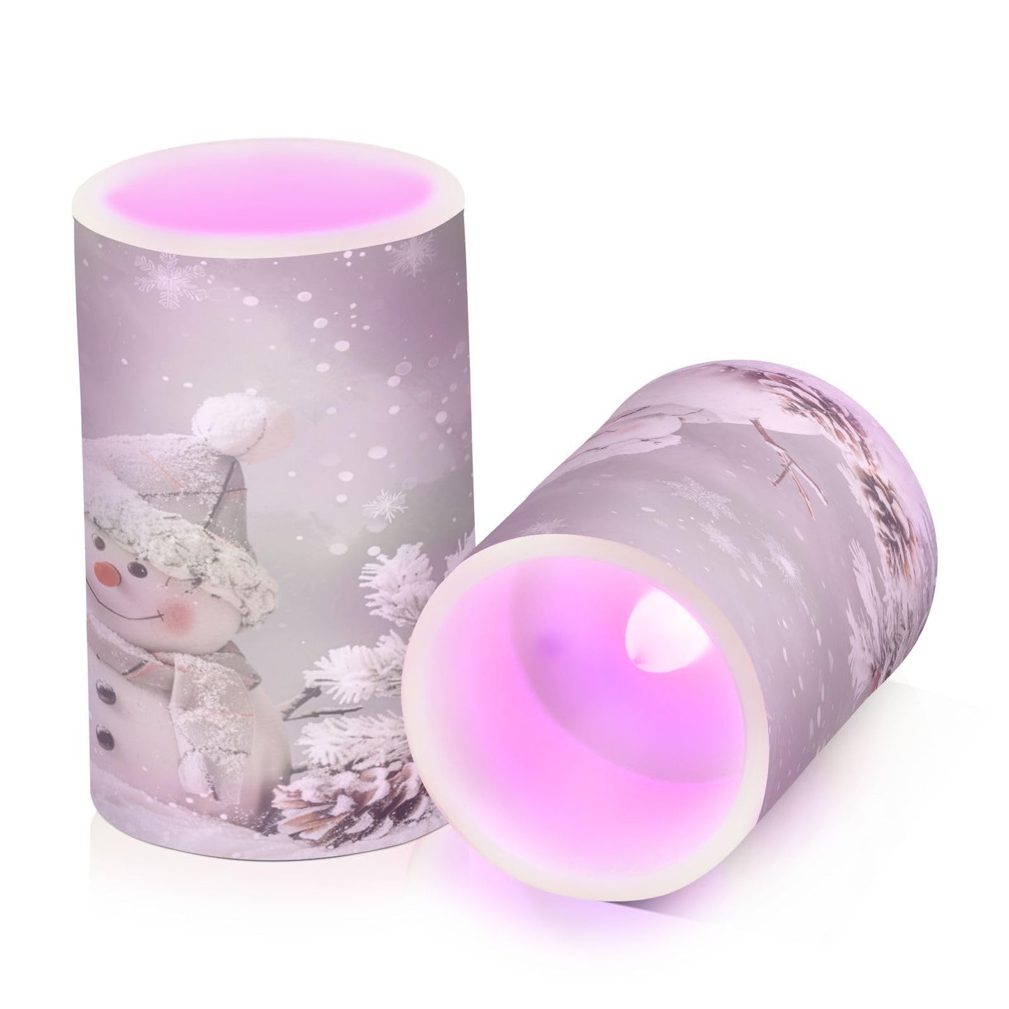 Christmas Lights Flameless Candles Snowman Pine Cones Snowflake Pillar Candles Set of 2 Battery Operated Remote Control Warm Lights Home Decor