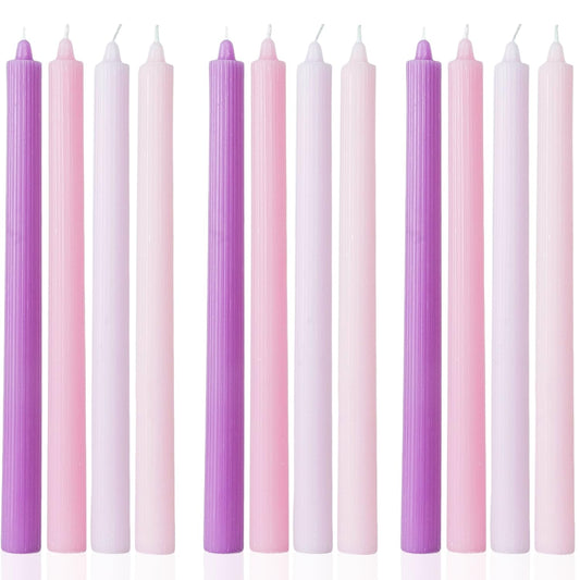 Ribbed Purple Taper Candles Set of 12 Unscented Dripless Smokeless Long Tall Tapered Candlesticks Wedding Advent Home Decor Dinner Christmas-Natural Color Series-10.6 Inch