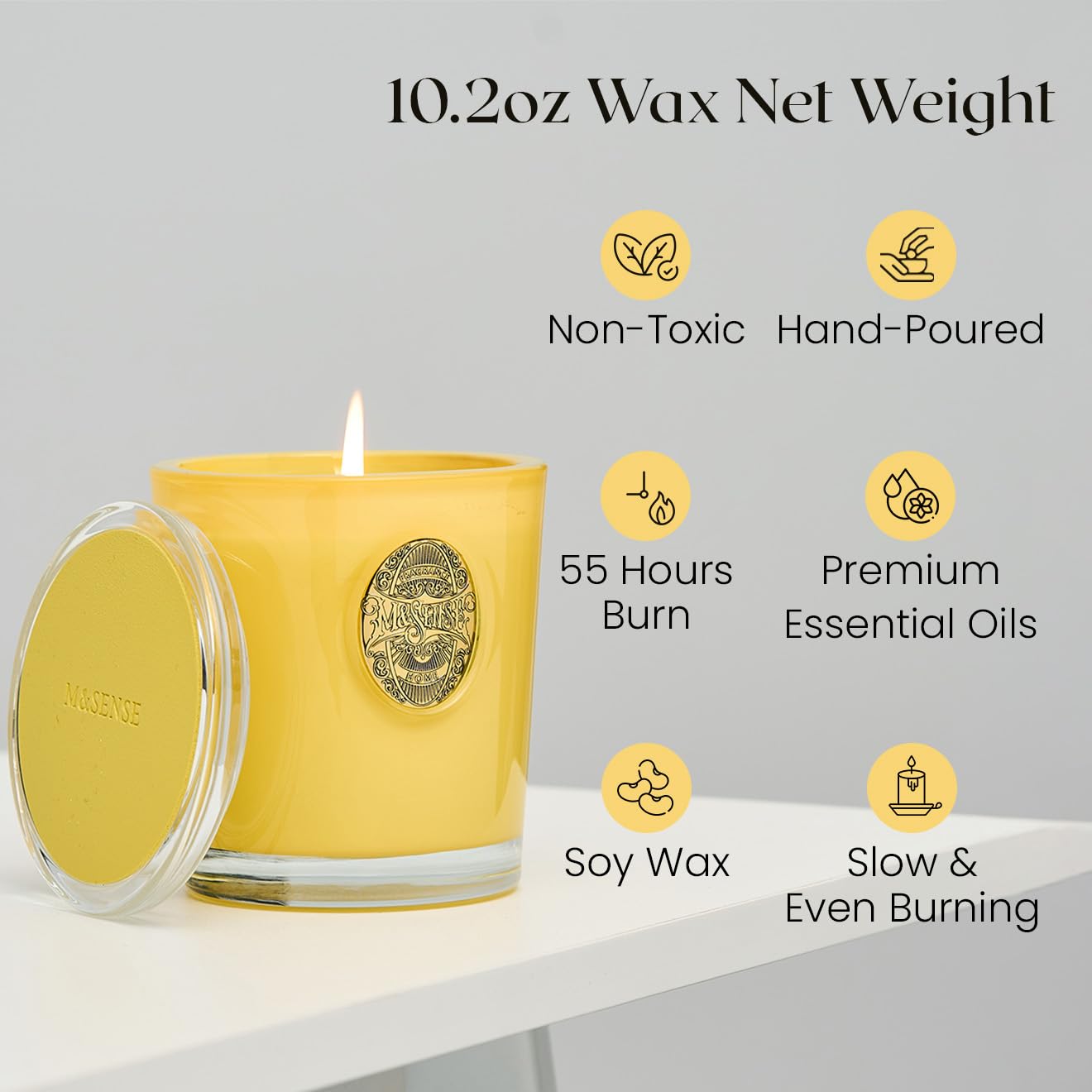 M&SENSE Natural Soy Candle | Sugared Lemon & Yellow | 9.2 oz, 50H Burn Time | Luxury Scented Candle for Relaxation, Gifting, Home Décor | Ideal for Bedroom, Office, Party Ambiance
