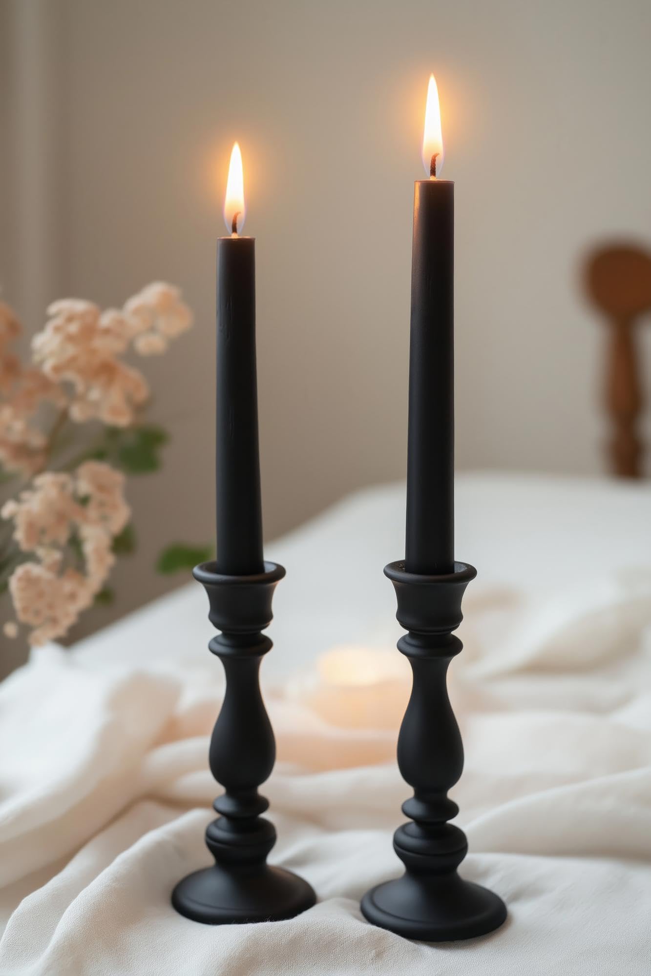 12-Pack Black Taper Candles, 10 Inch Unscented Dripless Candlesticks, Long-Lasting Burn Time of 7-8 Hours, Perfect for Halloween Decor Parties Meditation and Home Ambiance