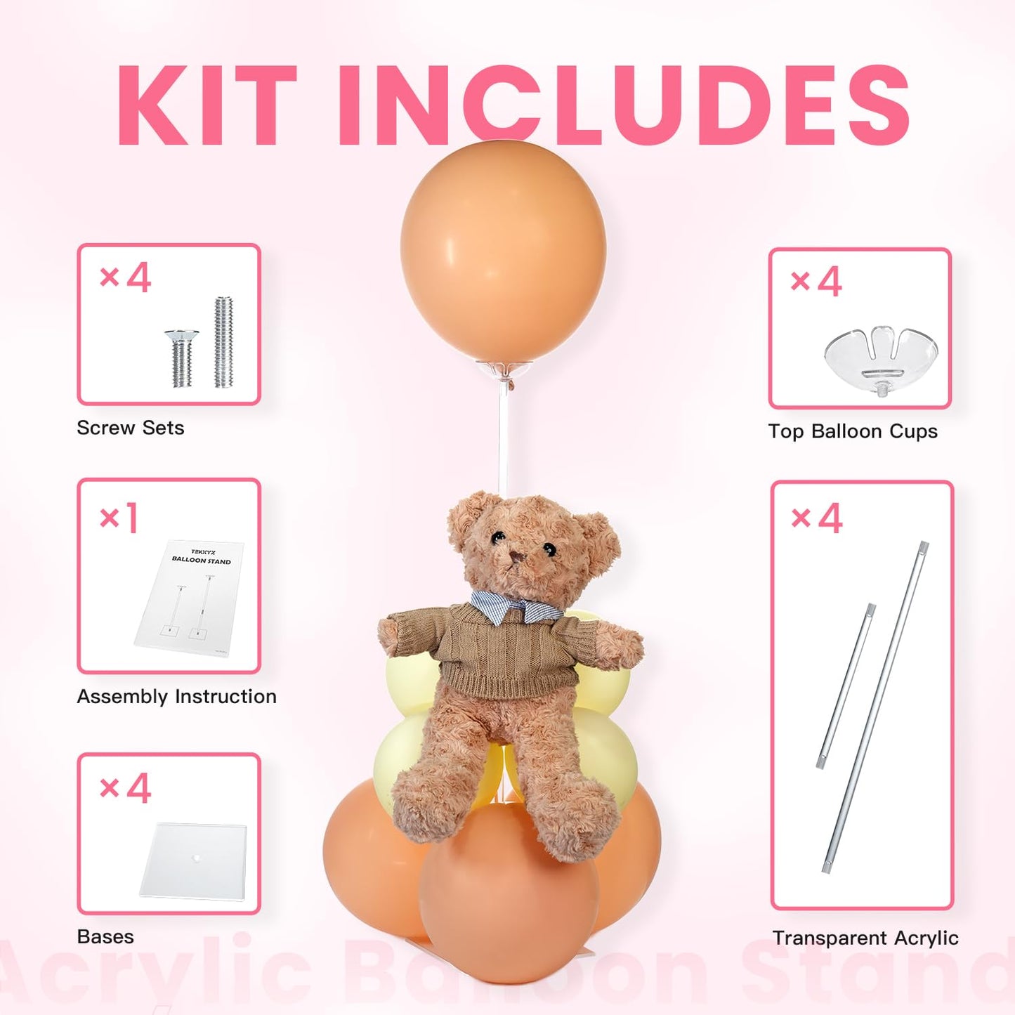 TEKXYZ Clear Acrylic Balloon Stands for Table, Adjustable Height 15.75 Inch, 23.6 Inch, 31.5 Inch Reusable Balloon centrepieces Toy Balloons, for Wedding, Birthdays Table& Floor Decor (Set of 4)