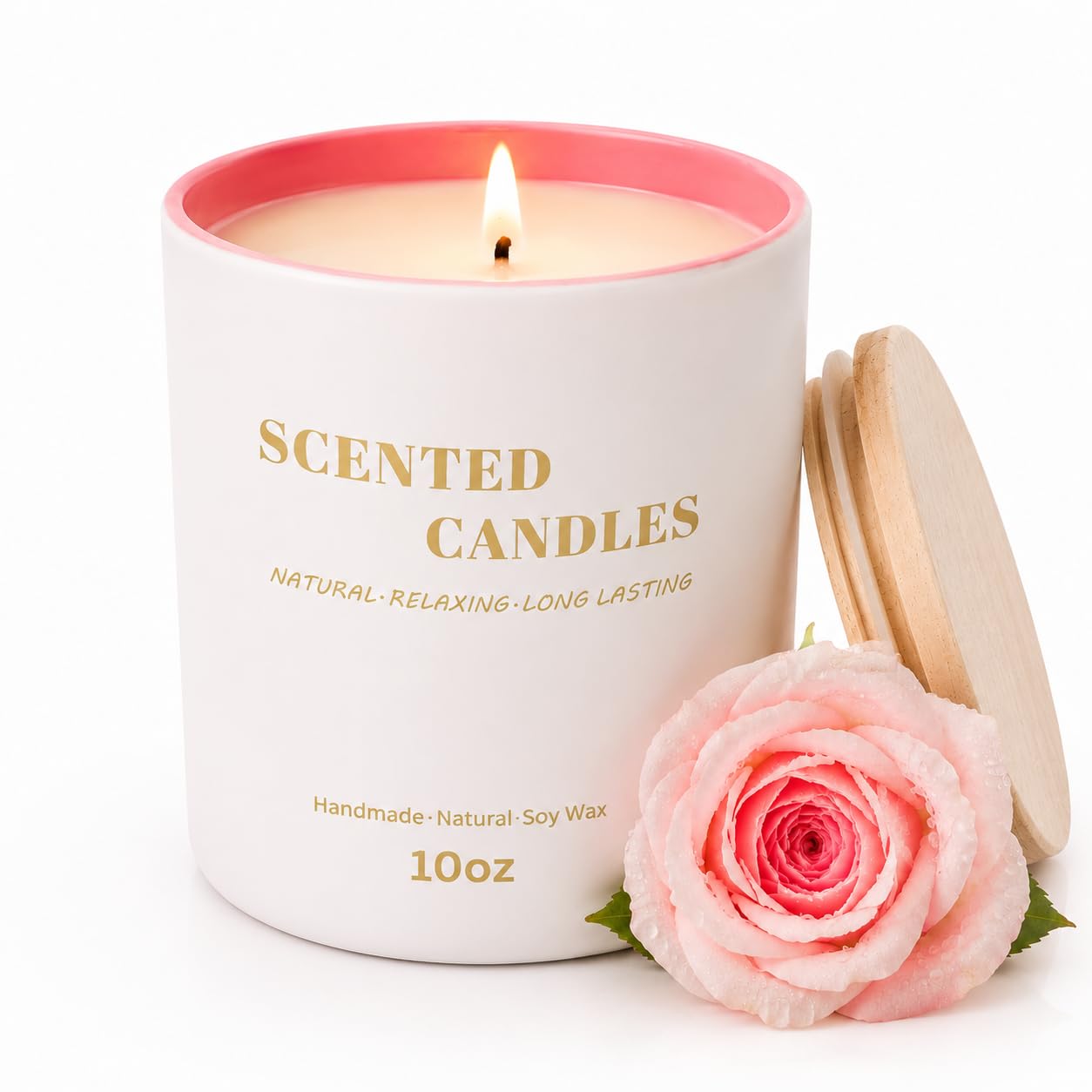 Lanttu Rose Scented Candle for Home Decor, 10 oz Natural Soy Wax Jar Candles, 40 Hours Long Lasting Burning Candles for Women Mom Friend Birthday Housewarming Gift