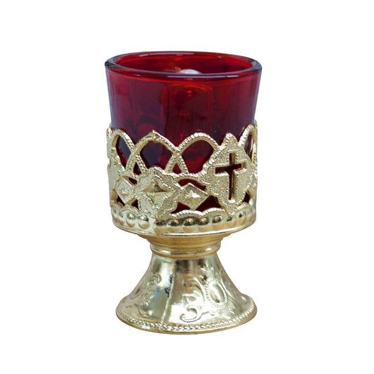 VILLAGE GIFT IMPORTERS 4" Electric Votive Candle with Brass Stand and Light Bulb | Red and Brass-Colored Home Devotional Candle Holder | Memorial Vigil