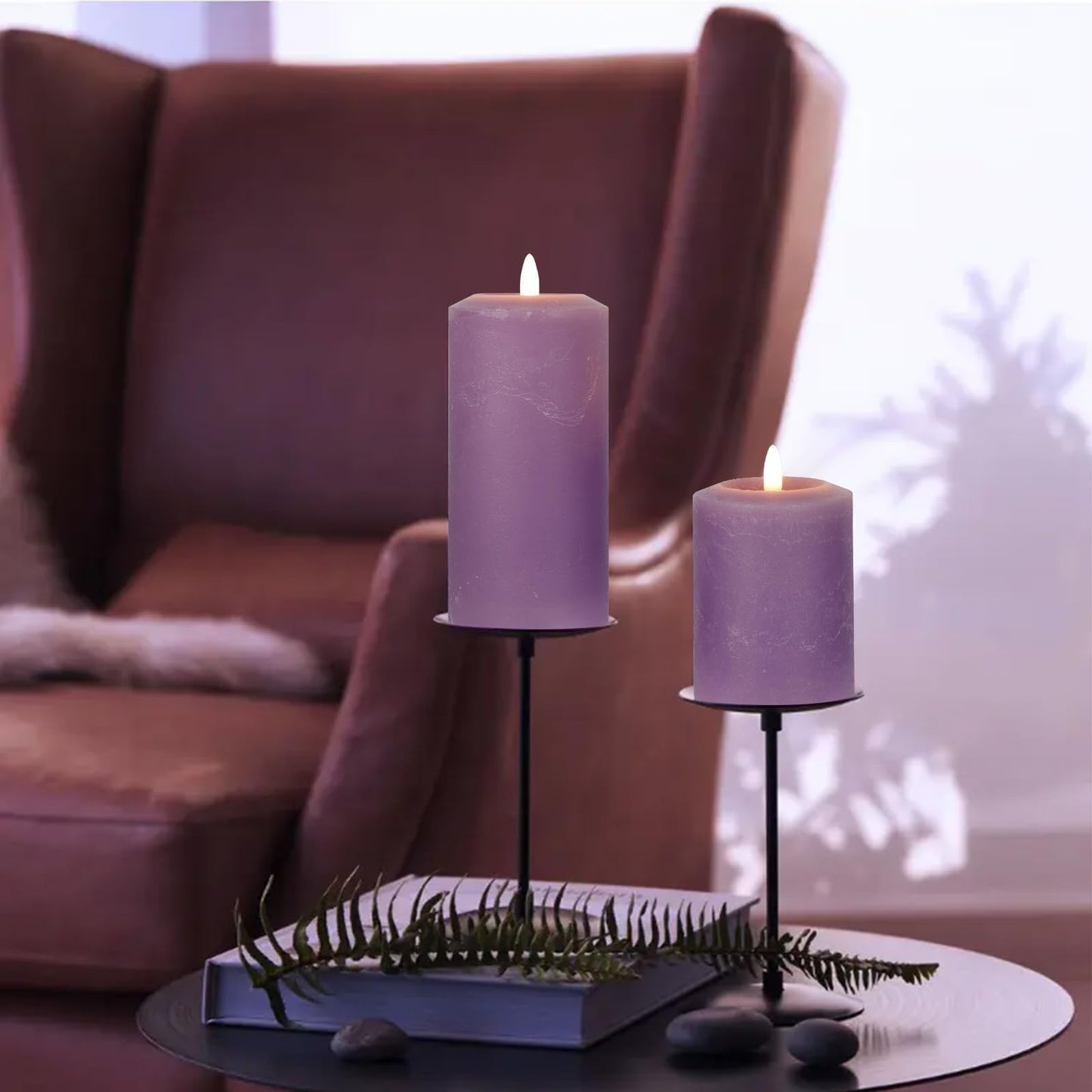 ANGELLOONG Purple LED Candle with Timer, Real Wax Flameless Pillar Candles with Remote, Set of 3 Flickering Electric Battery Operated Candles for Home Decor Halloween Christmas Decoration