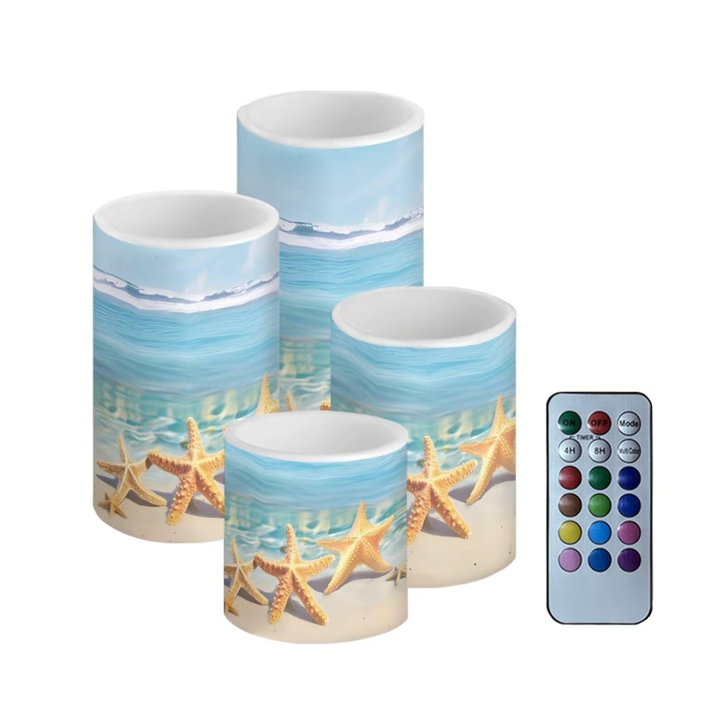 Merkmak Blue Beach Starfish Flameless Candles with Remote Battery Operated Candles with Timer 4 Pack Flameless Pillar Tea Lights Bulk for Indoor Outdoor Beach Wedding Coastal Home Decorations
