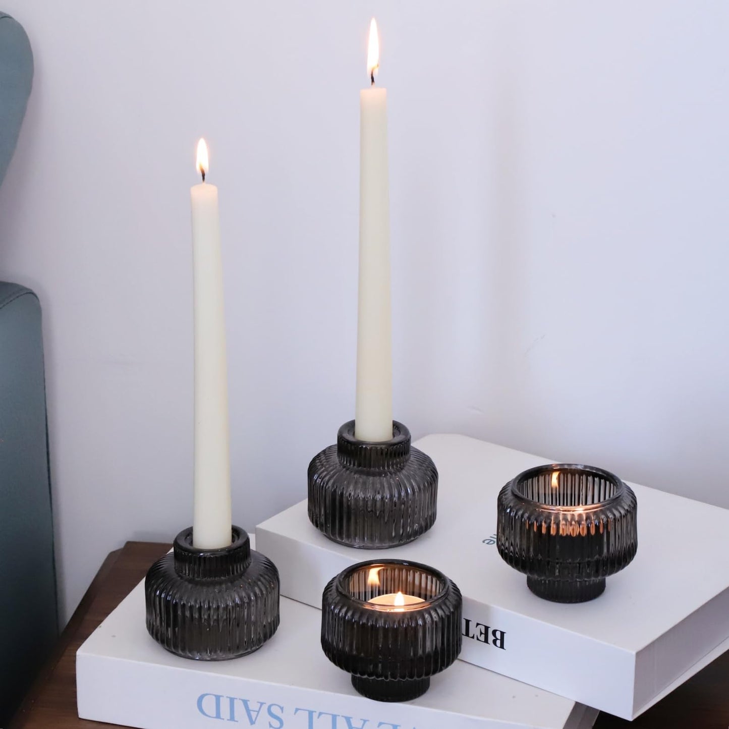 Woho Smoky Grey Candlestick Holders Set of 4 for Votives/Tea Lights, Ribbed Glass Taper Candle Holders for Table Centerpiece, Reversible Candle Sticks Holder Decor for Daily Home Decor