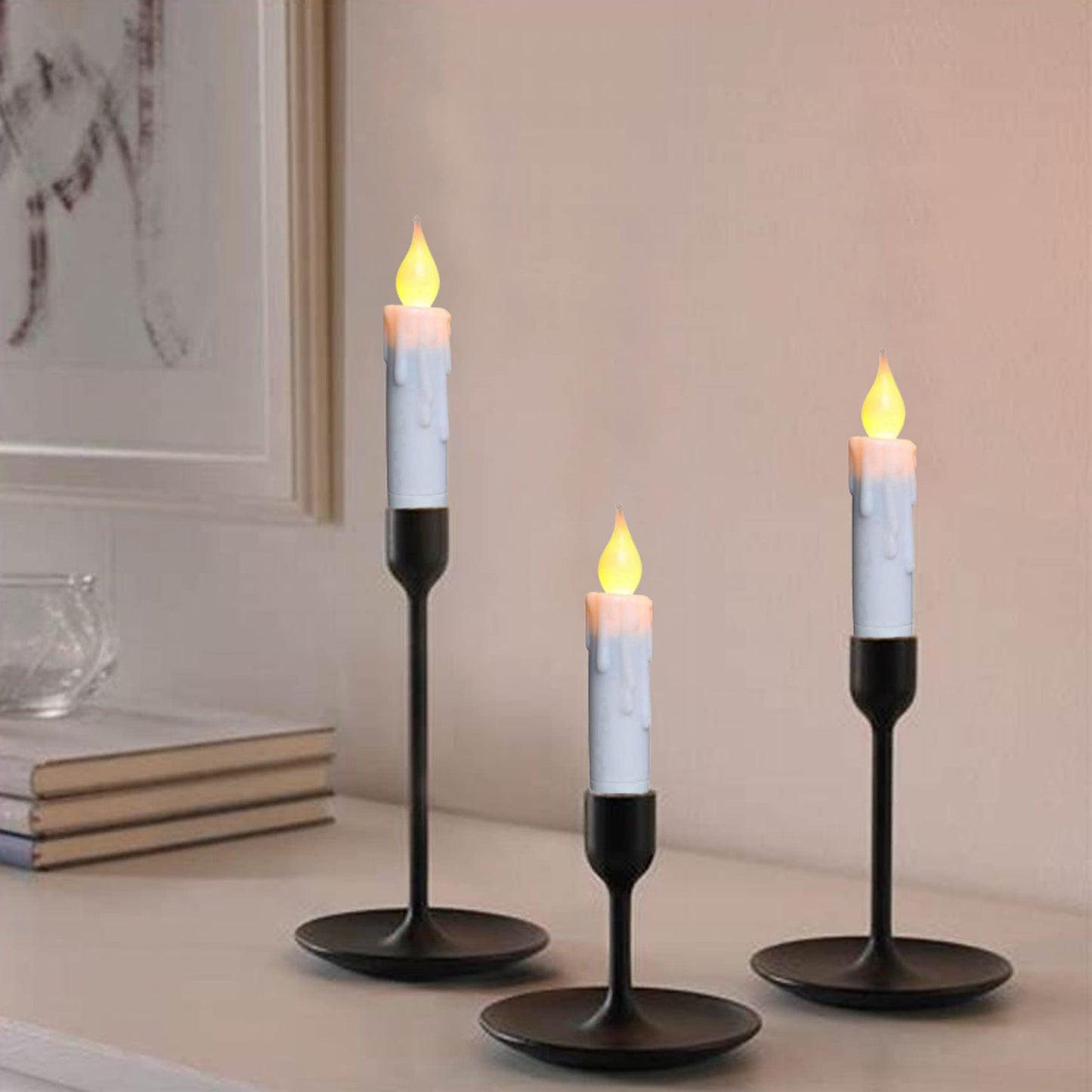 CVHOMEDECO. Flickering Taper Candles LED Drip Flameless Candles, Battery Operated with Timer, White, 4-3/4 Inch, Set of 3