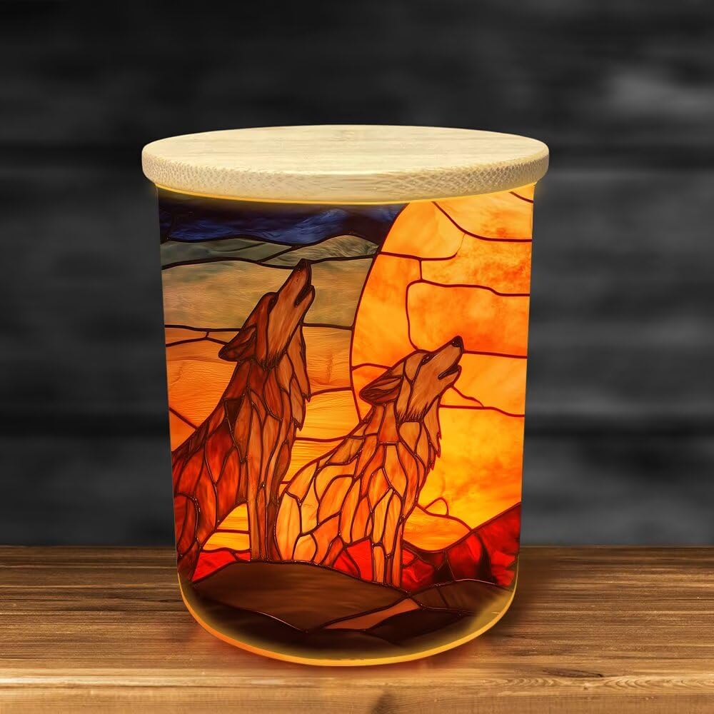 Stained Glass Wolf Howling at The Moon Tea Light Candle Holders, Tealight Candle Holder Jar with Wooden Lid, Votive Candlesticks for Table Centerpieces, Christmas,Birthday Party,Home Decor