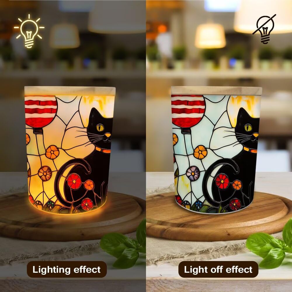 Stained Glass Black Cats Tea Light Candle Holders,Balloons Tealight Candle Holder Jar with Wooden Lid, Floral Votive Candlesticks for Table Centerpieces, Christmas,Birthday Party,Home Decor