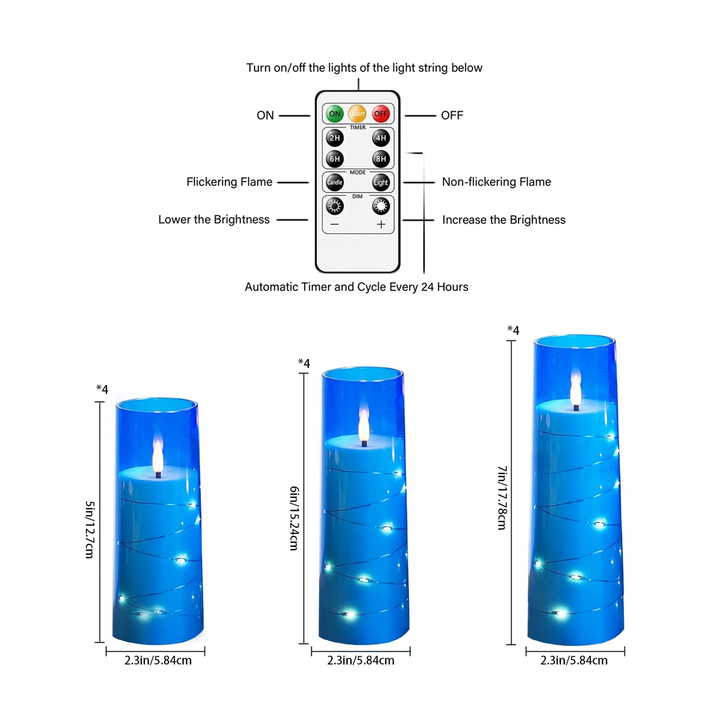 Sasigeiaa Flameless Candles with Embedded Star String - Battery Operated LED Candles, with Remote,12 Blue Flickering Candles for Christmas, Weddings, Home Decor & Party,(D 2.3"×H 5" 6" 7")