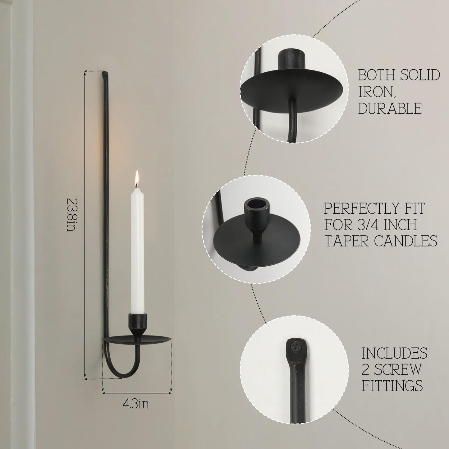 24.8" Iron Metal Wall Candle Sconce Holder, Set of 2 Wall Mount Candle Holders Modern Wall Candle Sconces Hanging for Living Room Farmhouse Fireplace Wedding