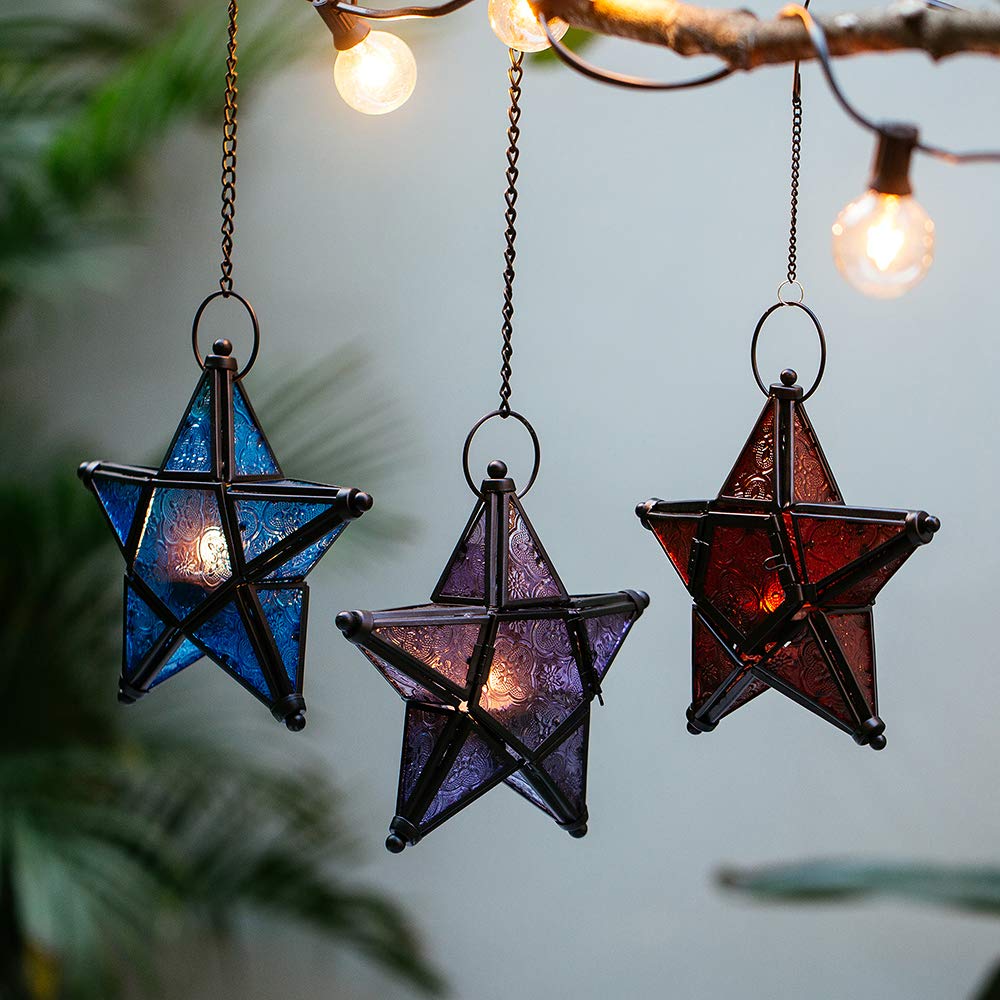 Stunning Star Glass Votive Tea Light Candle Holder Hanging Lighting Lantern Wedding Birthday Party Home Garden Decoration (Blue)